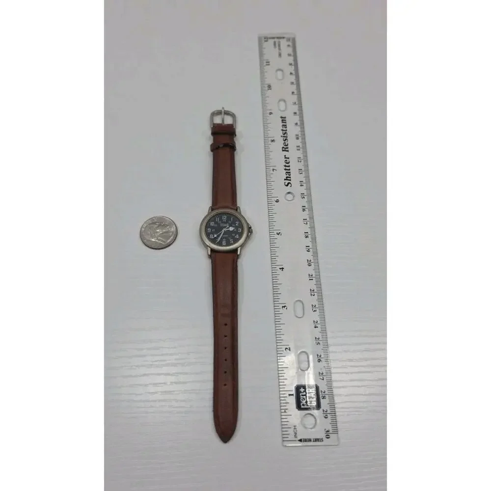 Time Military Dial Silver Tone Quartz Brown Leather Band Watch New Battery W279